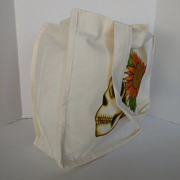 Hand Painted Skull Tote Bag: Sunflower Art, Reusable Canvas Bag 14x13x7 - Picture 8 of 16